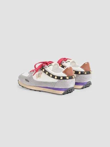 Valentino Garavani Women's Stud Up Sneaker in Split Leather and Nylon with Butterfly Embroidery - White Multicolor - Size 7.5 | Thumbnail 4