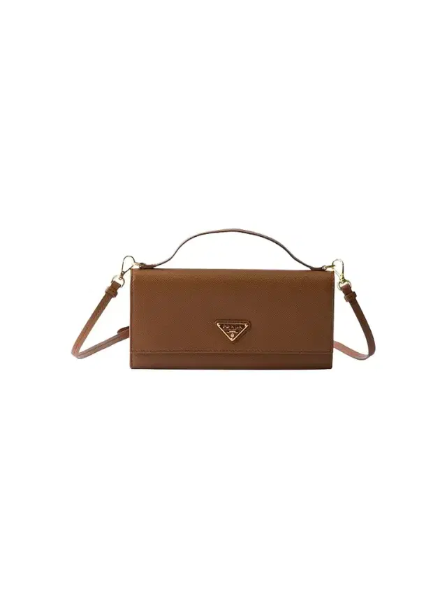 Women's Saffiano Leather Wallet with Shoulder Strap - Brown Gold
