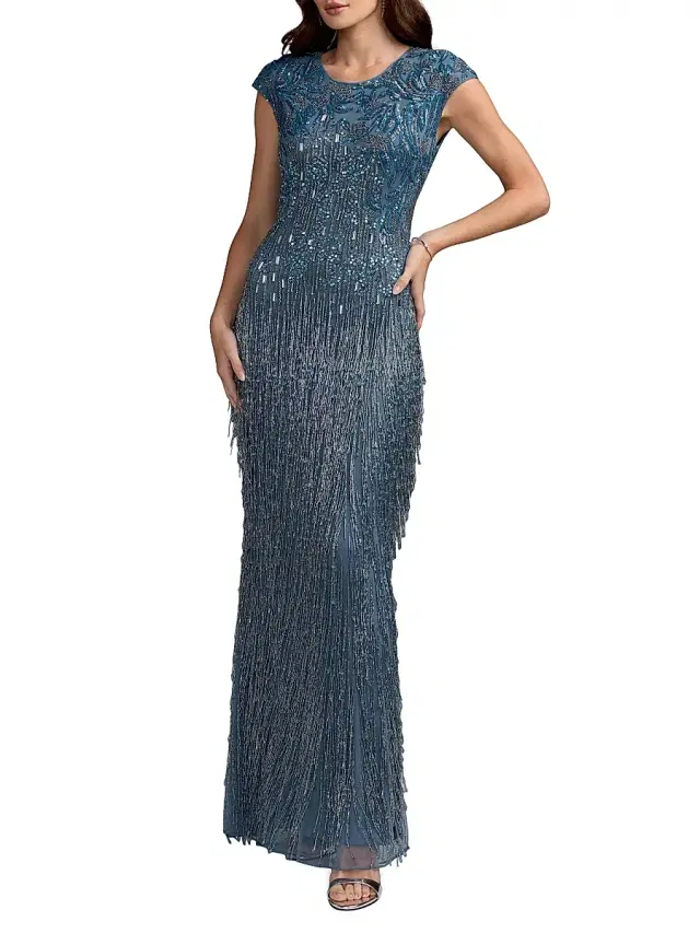 Women's Evening Embellished Mesh Cap-Sleeve Gown - Slate Blue - Size 16