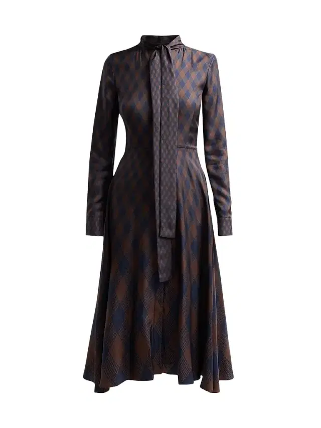 Women's Argyle Silk Twill Tieneck Day Dress - Navy Brown