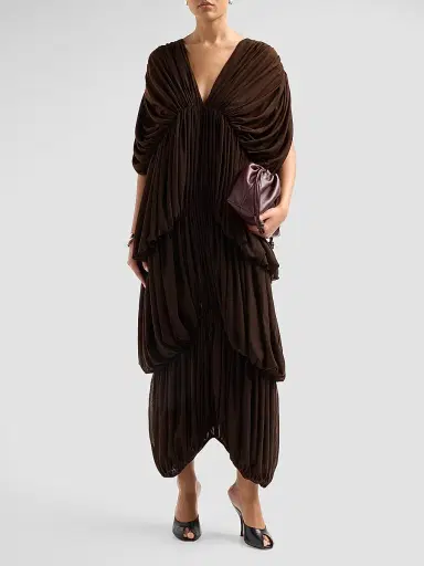Ronny Kobo Women's Damier Tiered Draped Maxi Dress - Chocolate | Thumbnail 2 Ronny Kobo Women's Damier Tiered Draped Maxi Dress - Chocolate | Thumbnail 2