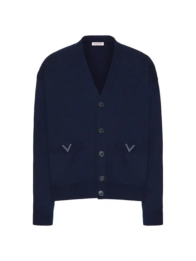 Valentino Garavani Men's Wool Cardigan with Rubberized V Detail - Navy