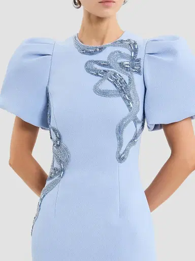 Rebecca Vallance Women's Aylin Embroidered Puff-Sleeve Midi-Dress - Blue - Size 14 | Thumbnail 4