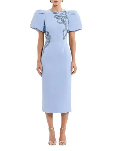 Rebecca Vallance Women's Aylin Embroidered Puff-Sleeve Midi-Dress - Blue - Size 14 | Thumbnail 1