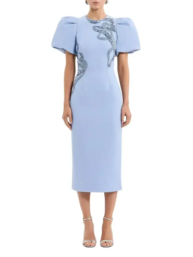 Rebecca Vallance Women's Aylin Embroidered Puff-Sleeve Midi-Dress - Blue