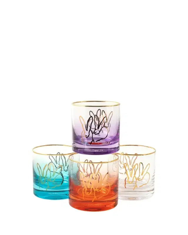 Hunt Slonem Jewel Tone Double Bunny 10 oz. Old-Fashioned Glasses, Set of 4