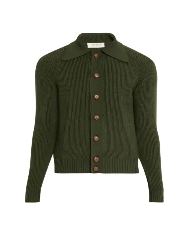 Giuliva Heritage Men's Wool Rib Leather-Button Cardigan