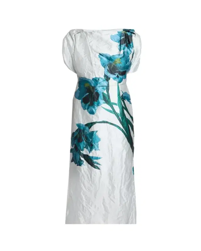 Floral Textured Satin Twisted-Shoulder Midi Dress