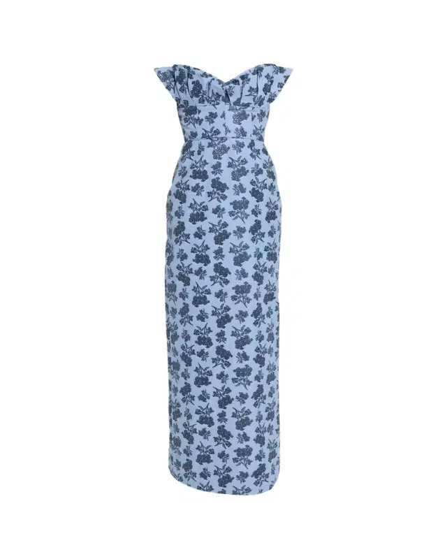 Rita Strapless Pleated Ruffle Bouquet Jacquard Column Gown