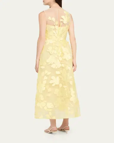Monique Lhuillier Sleeveless Floral Tulle Illusion Tea-Length Dress | Thumbnail 3