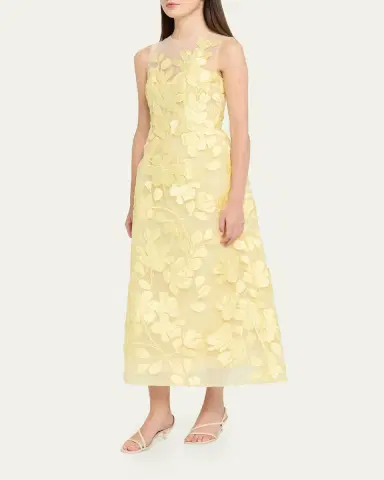 Monique Lhuillier Sleeveless Floral Tulle Illusion Tea-Length Dress | Thumbnail 4