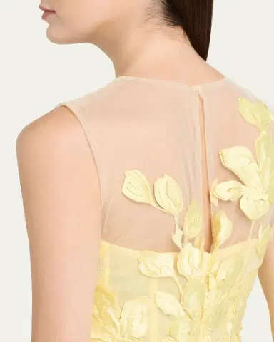 Monique Lhuillier Sleeveless Floral Tulle Illusion Tea-Length Dress | Thumbnail 5