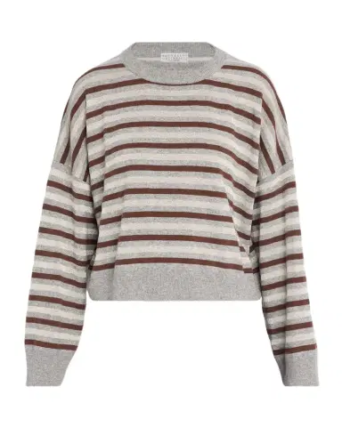 Brunello Cucinelli Shimmering Striped Wool-Cashmere Crop Sweater | Thumbnail 1 Brunello Cucinelli Shimmering Striped Wool-Cashmere Crop Sweater | Thumbnail 1