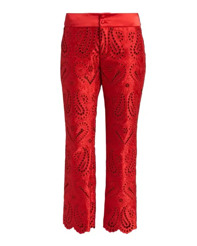 Etro Paisley Eyelet Embroidered Straight-Leg Ankle Trousers
