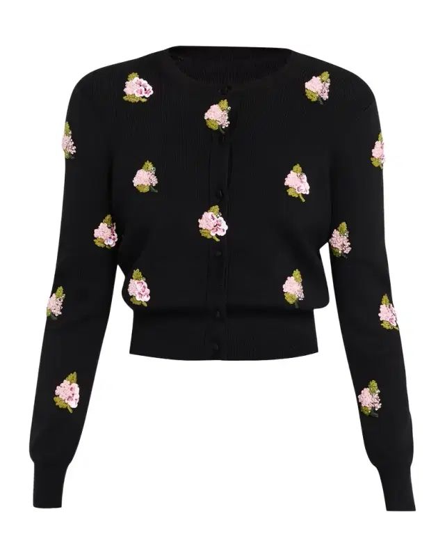 Carolina Herrera Floral Beaded Silk-Cotton Knit Crop Cardigan