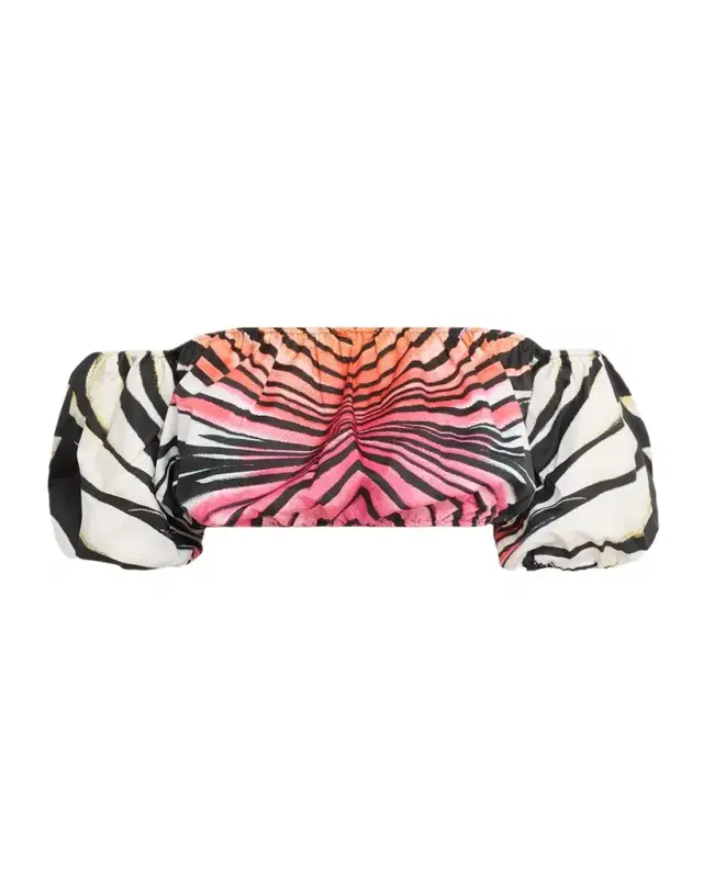 Roberto Cavalli Ray Of Paradise Off-The-Shoulder Puff-Sleeve Crop Top