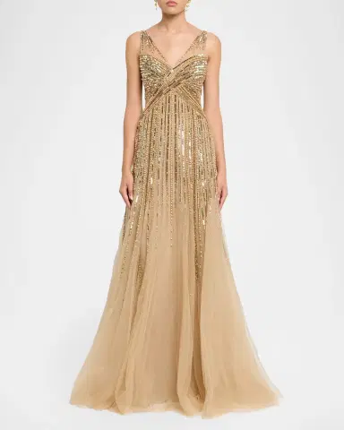 Pamella Roland Sleeveless Beaded Tulle Backless Gown | Thumbnail 2