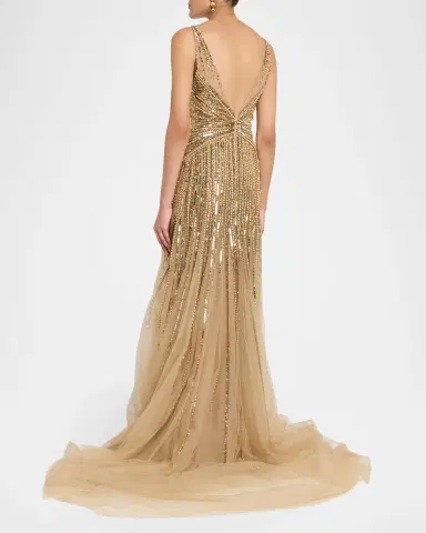 Pamella Roland Sleeveless Beaded Tulle Backless Gown | Thumbnail 3