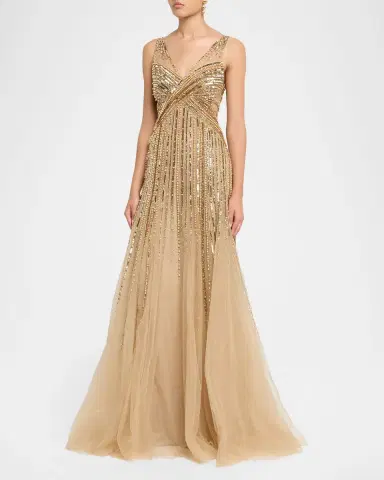 Pamella Roland Sleeveless Beaded Tulle Backless Gown | Thumbnail 4