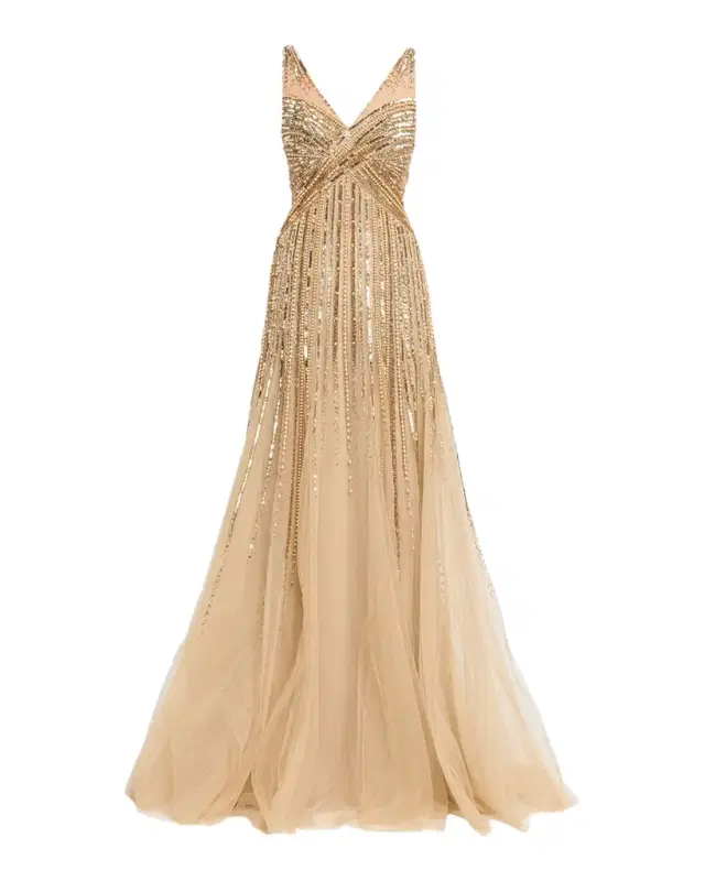 Pamella Roland Sleeveless Beaded Tulle Backless Gown