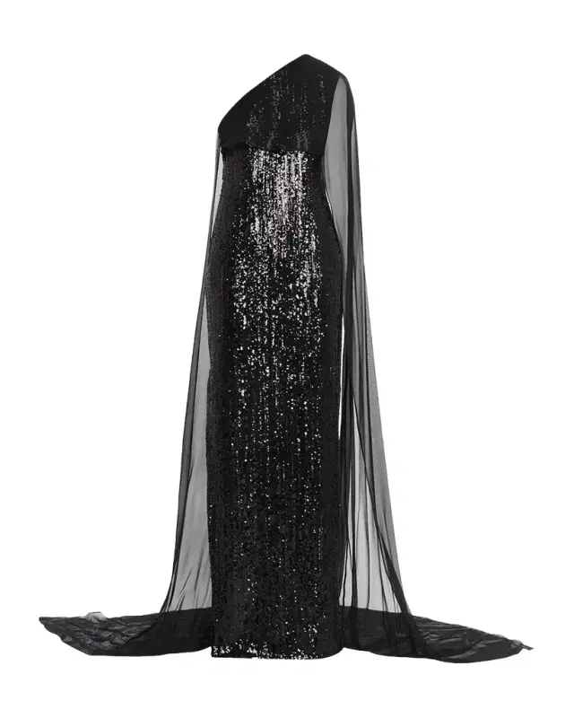 Pamella Roland Mixed Sized Sequin Column Gown with Cape