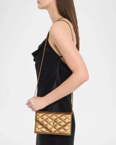 Saint Laurent Envelope Small YSL Wallet on Chain in Metallic Leather | Thumbnail 2