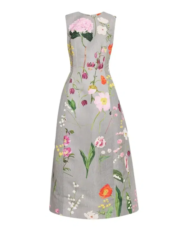 Oscar de la Renta Sleeveless Mixed Botanical Midi Day Dress