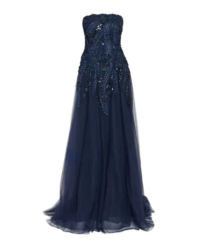 Rickie Freeman for Teri Jon Floral-Embellished Tulle Strapless Gown
