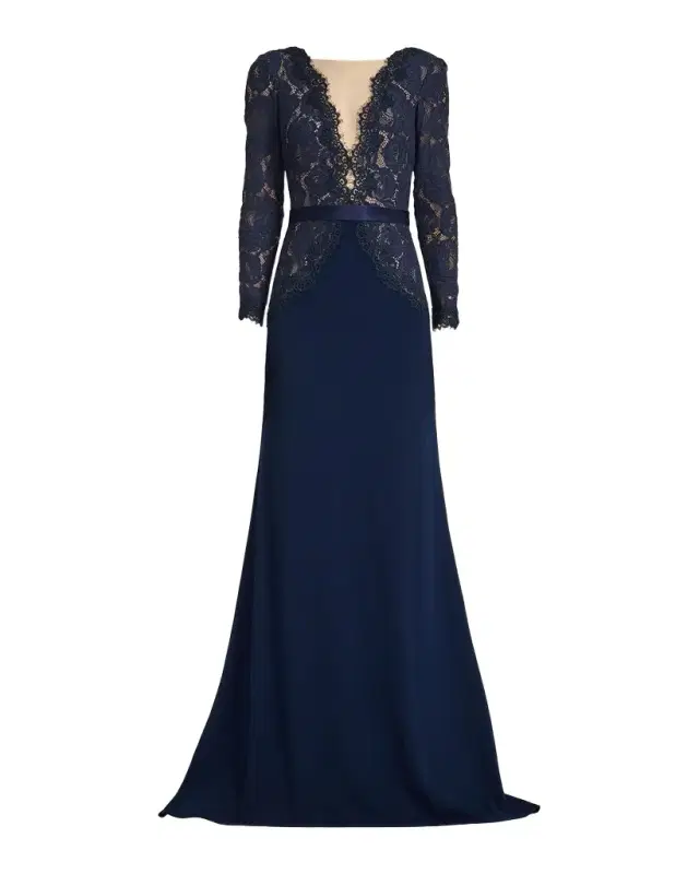 Tadashi Shoji Plunging Illusion Lace & Crepe Gown