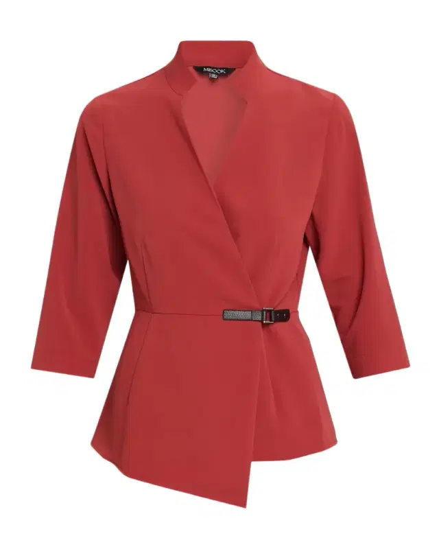 Misook Buckle Detail Crepe Wrap Blouse