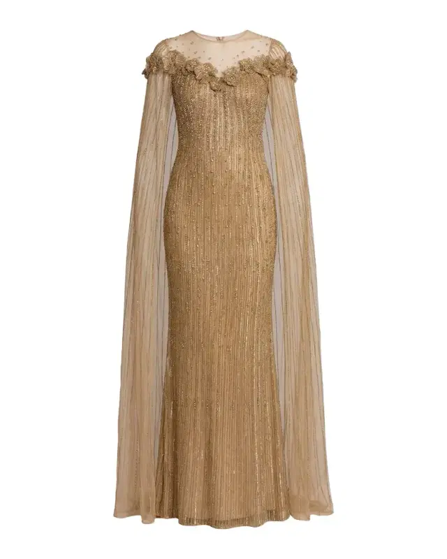Mac Duggal Beaded Illusion Cape Gown
