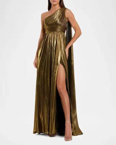 Mac Duggal Draped One-Shoulder Metallic Lame Gown | Thumbnail 2 Mac Duggal Draped One-Shoulder Metallic Lame Gown | Thumbnail 2