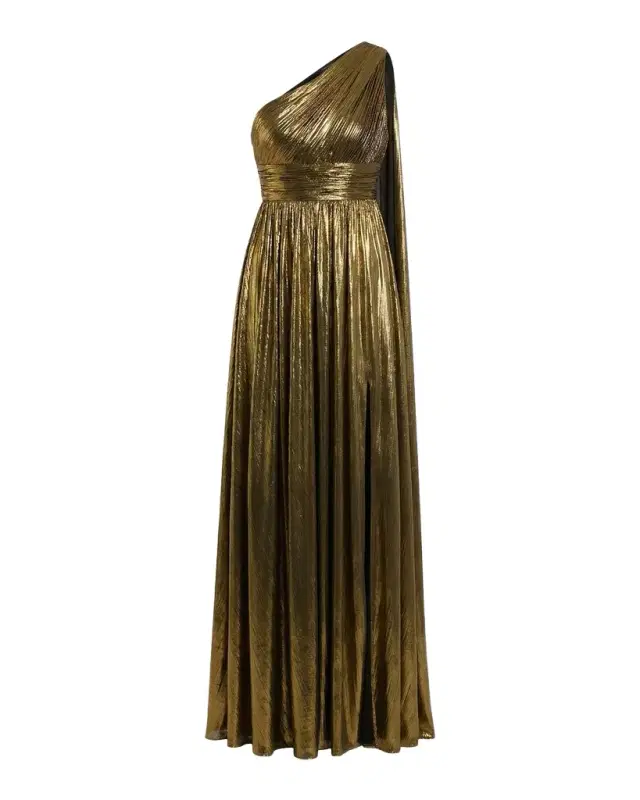 Mac Duggal Draped One-Shoulder Metallic Lame Gown