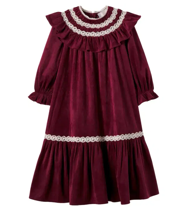 Petite Amalie Lace-trimmed ruffled velvet dress