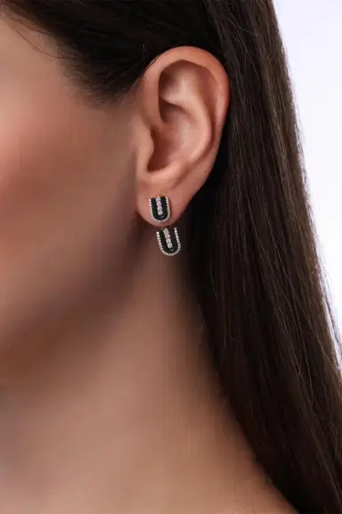 U LOS ANGELES Diamond Onyx U Floating Earrings | Thumbnail 2