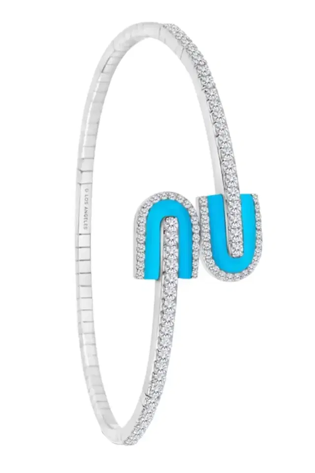 Diamond Turquoise U Duo Mini Bangle Bracelet - White Gold