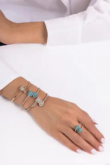 U LOS ANGELES Diamond Turquoise U Duo Mini Bangle Bracelet - Yellow Gold | Thumbnail 4