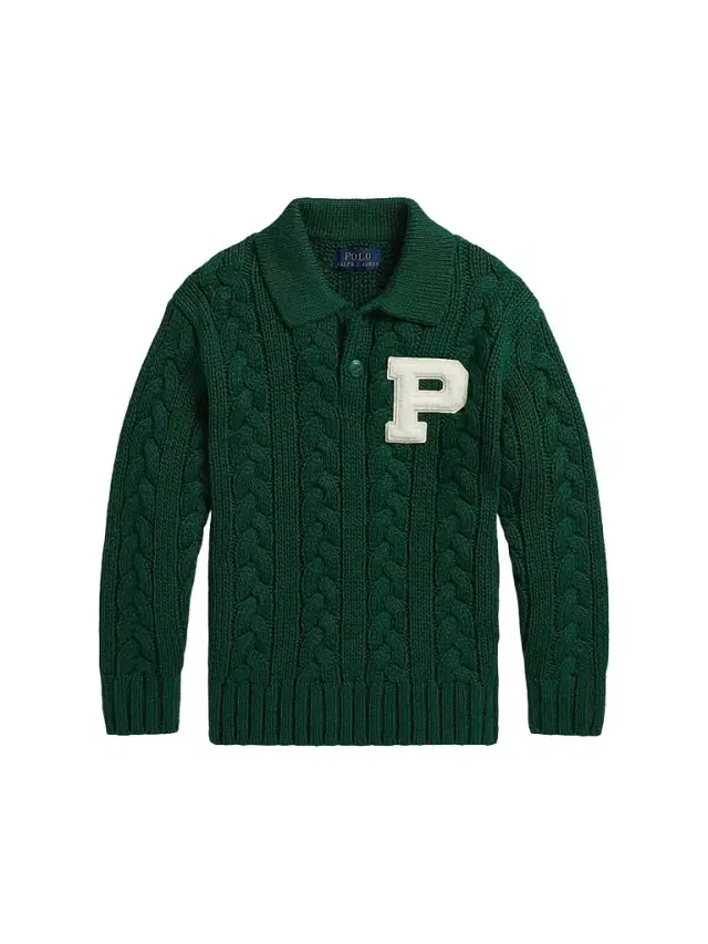 Little Boy's & Boys Varsity Cable-Knit Polo Sweater - Hunter Green