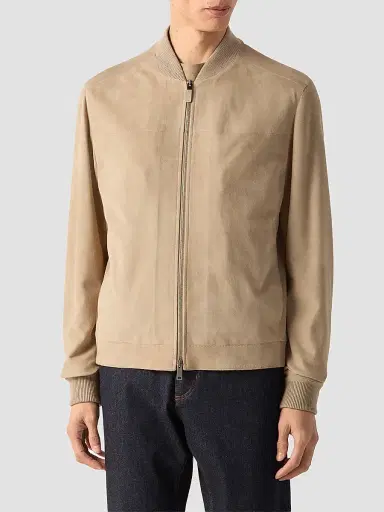 Zegna Men's Suede Bomber Jacket - Light Taupe - Size 48 | Thumbnail 3