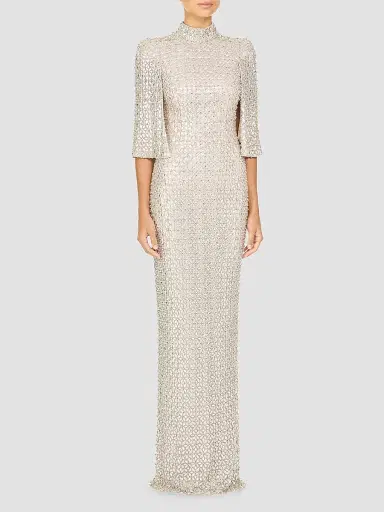 Jenny Packham Women's Sedona Embellished Split-Sleeve Column Gown - Mink - Size 10 | Thumbnail 2