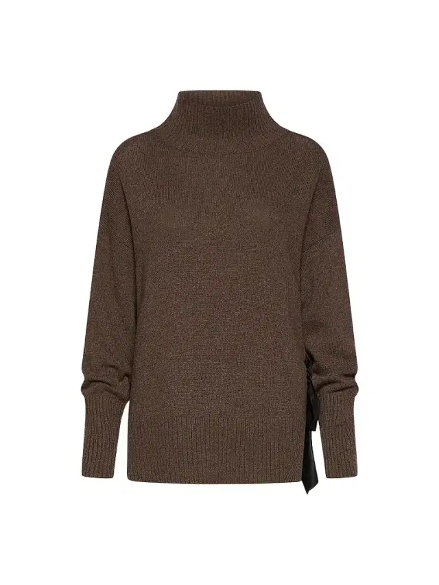 Women's Cashmere Blend Mock Polo Neck Jumper with Silk Sash - Dark Bown