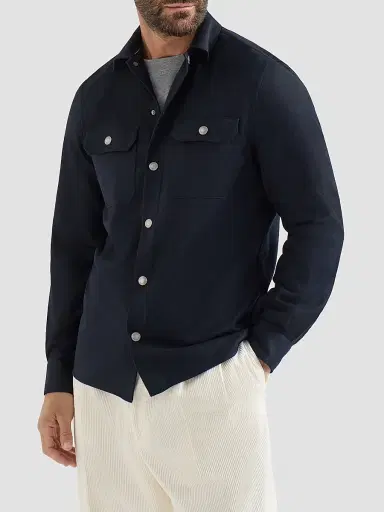 Brunello Cucinelli Men's Virgin Wool Flannel Overshirt with Spread Collar - Navy Blue - Size XXS | Thumbnail 2