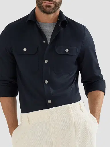 Brunello Cucinelli Men's Virgin Wool Flannel Overshirt with Spread Collar - Navy Blue - Size XXS | Thumbnail 4
