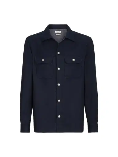 Brunello Cucinelli Men's Virgin Wool Flannel Overshirt with Spread Collar - Navy Blue - Size XXS | Thumbnail 1