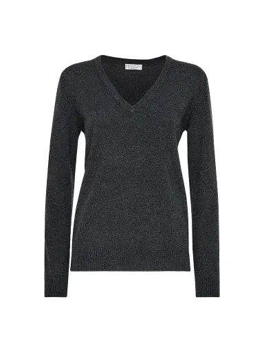Brunello Cucinelli Women's Cashmere Sweater with Monili - Dark Grey | Thumbnail 1