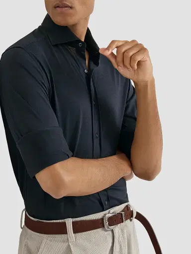 Brunello Cucinelli Men's Silk and Cotton Lightweight Jersey Shirt with Spead Collar - Blue - Size XXXL | Thumbnail 2 Brunello Cucinelli Men's Silk and Cotton Lightweight Jersey Shirt with Spead Collar - Blue - Size XXXL | Thumbnail 2
