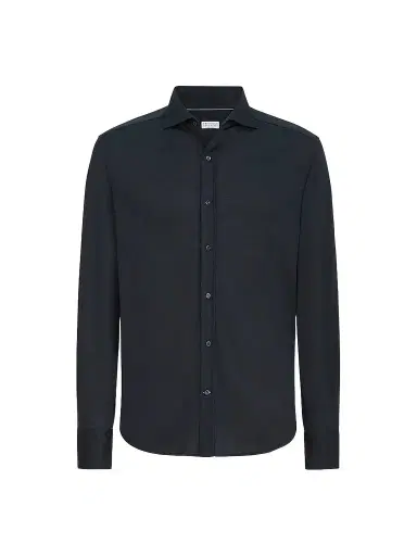 Brunello Cucinelli Men's Silk and Cotton Lightweight Jersey Shirt with Spead Collar - Blue - Size XXXL | Thumbnail 1 Brunello Cucinelli Men's Silk and Cotton Lightweight Jersey Shirt with Spead Collar - Blue - Size XXXL | Thumbnail 1