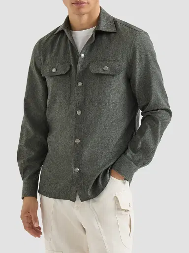 Brunello Cucinelli Men's Virgin Wool Flannel Overshirt with Spread Collar - Forest Green - Size XXXXL | Thumbnail 2