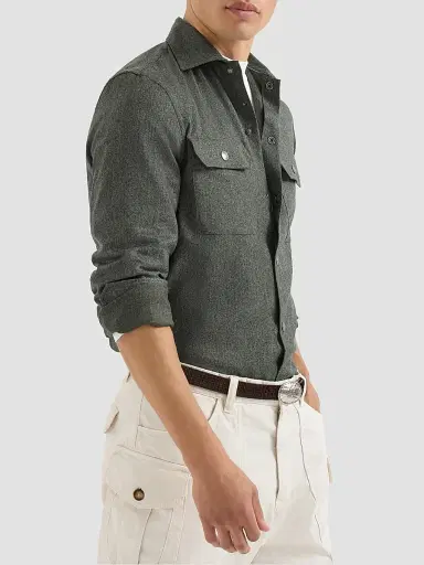 Brunello Cucinelli Men's Virgin Wool Flannel Overshirt with Spread Collar - Forest Green - Size XXXXL | Thumbnail 3