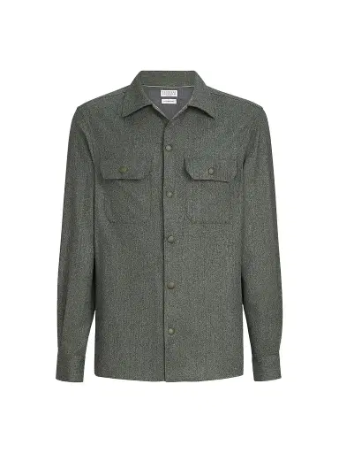 Brunello Cucinelli Men's Virgin Wool Flannel Overshirt with Spread Collar - Forest Green - Size XXXXL | Thumbnail 1